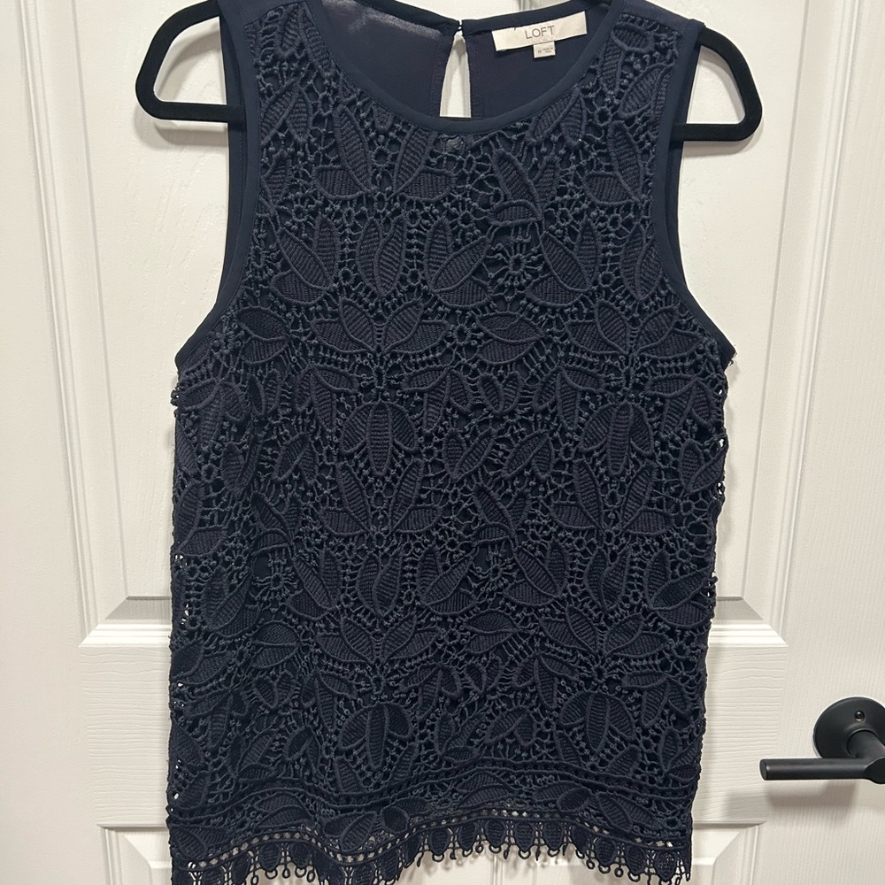 LOFT Sleeveless Top, Lace overlay, button back, stretch, Dark Navy